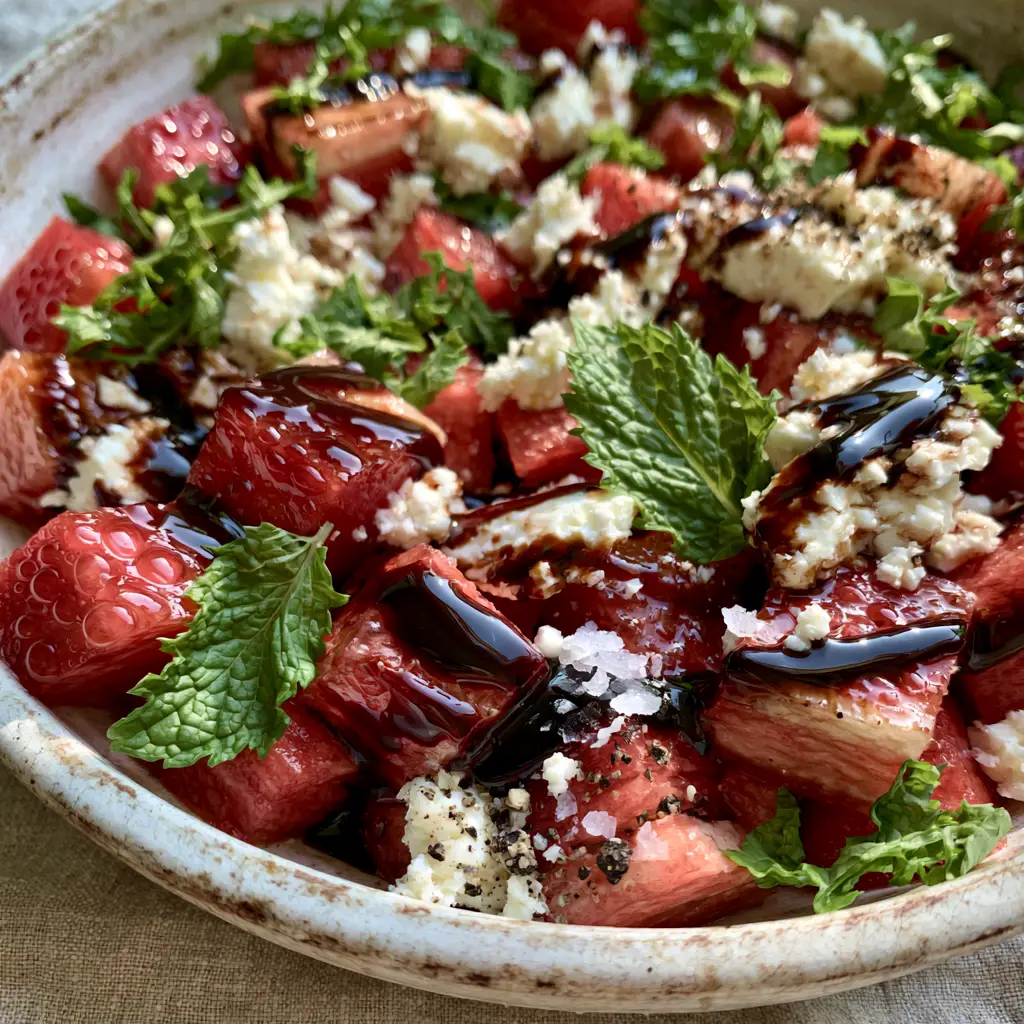Watermelon Feta Salad: The Ultimate Salty-Sweet Summer Refreshment 2 Smartphone photo of vibrant red watermelon cubes with snowy white feta and torn mint leaves.