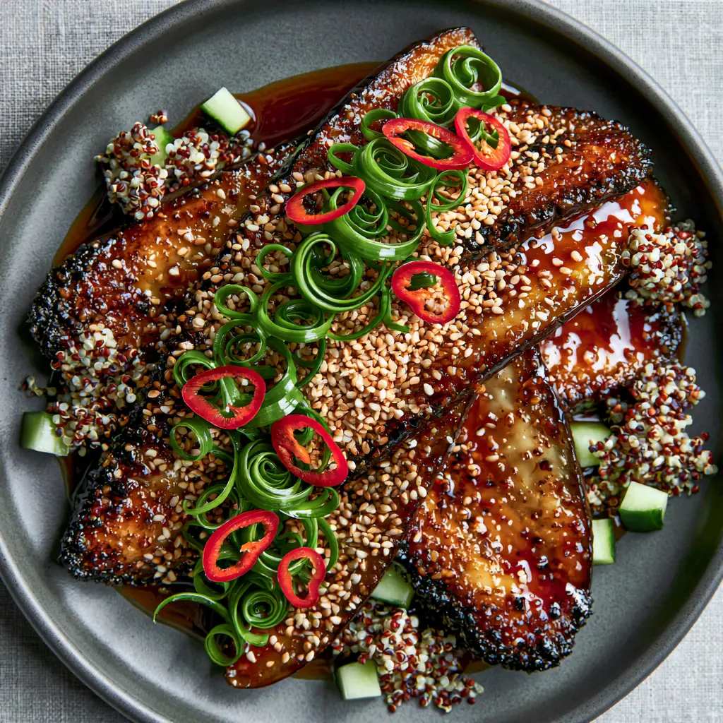 Fashionstation: The Ultimate Pan-Seared Garlic Soy Japanese Eggplant 2 Close-up of charred Japanese eggplant slices with curly scallions and red bird's eye chilis. (fashionstation)