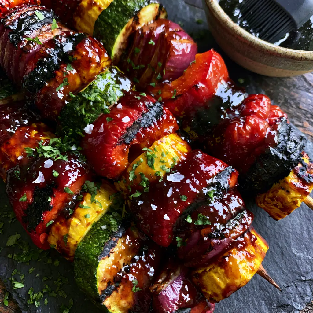 Vibrant vegetable skewers featuring yellow squash and red onion on a dark plate.