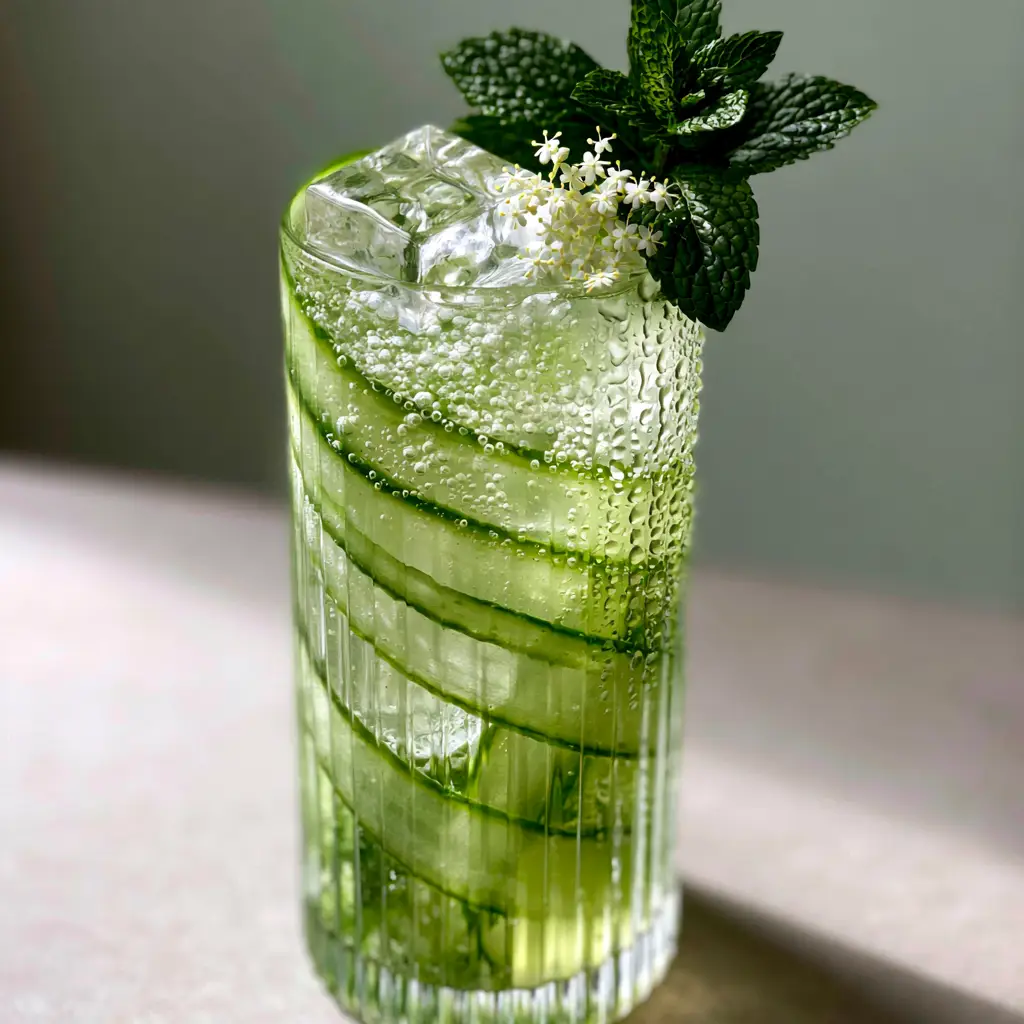 Cucumber Spritz: The Ultimate Refreshing Garden Party Botanical Cocktail 2 Close up of a Cucumber Spritz showing carbonation bubbles trapped against coiled cucumber ribbons and square clear ice.