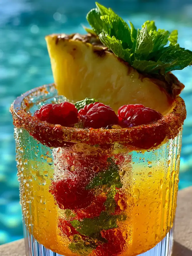 Vertical view of pool cocktails showing the mango nectar and sparkling bubbles.