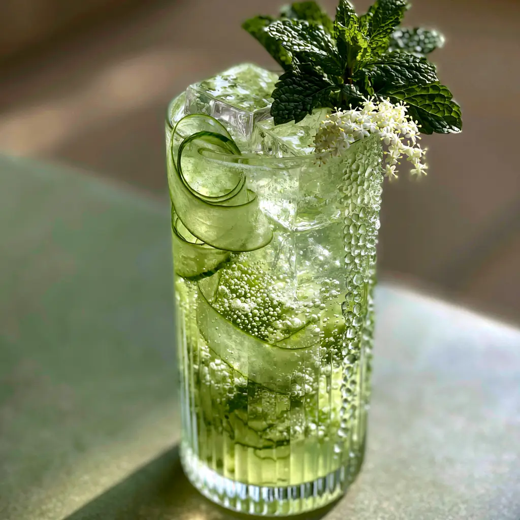 Cucumber Spritz: The Ultimate Refreshing Garden Party Botanical Cocktail 1 A Cucumber Spritz garnished with a mint sprig and tiny white elderflowers in a garden party setting.