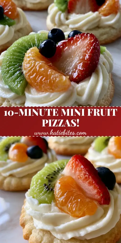 Mini Fruit Pizzas with Soft-Baked Sugar Cookie Crust 4 A handheld smartphone photo of several mini fruit pizzas with sugar cookie bases and cream cheese frosting on a marble counter. (Mini Fruit Pizzas)