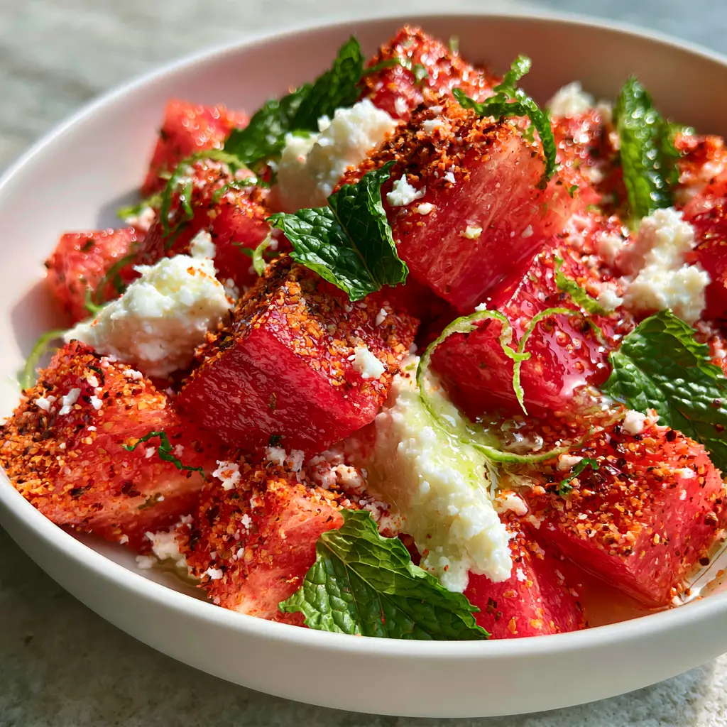 Mexican Watermelon Salad with Salty Cotija and Spicy Tajin 2 Extreme close-up of geometric ruby-red watermelon cubes heavily dusted with orange-red Tajin seasoning. (Mexican watermelon salad)