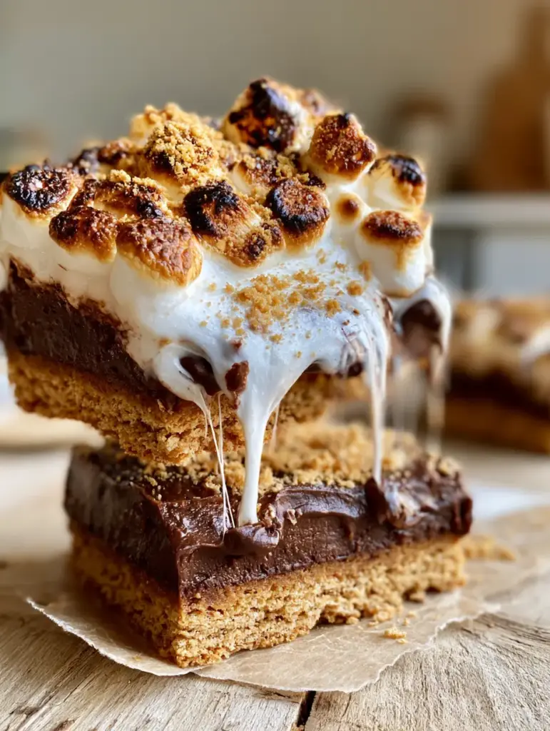 S’mores Bars with Thick Chocolate Ganache and Toasted Marshmallow Peaks 1 Handheld photo of a s'mores bar on parchment paper with a 1-inch thick semi-glossy chocolate layer.