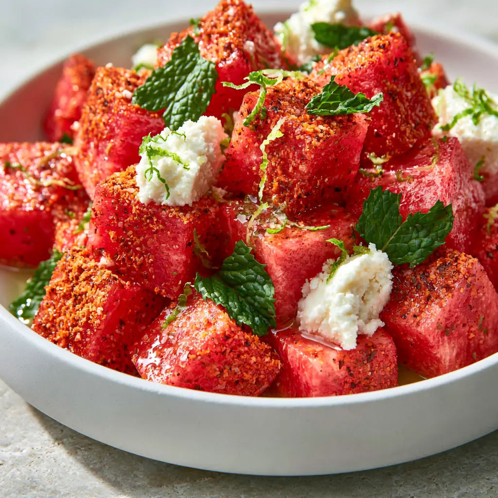 Mexican Watermelon Salad with Salty Cotija and Spicy Tajin 1 A professional photo of Mexican watermelon salad showing creamy white Cotija crumbles and vibrant emerald mint leaves.