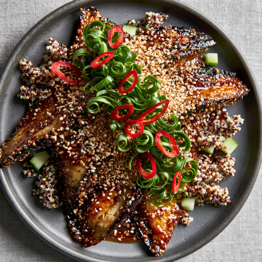Fashionstation: The Ultimate Pan-Seared Garlic Soy Japanese Eggplant 1 Gourmet eggplant dish served over tri-color quinoa and diced English cucumber. (fashionstation)