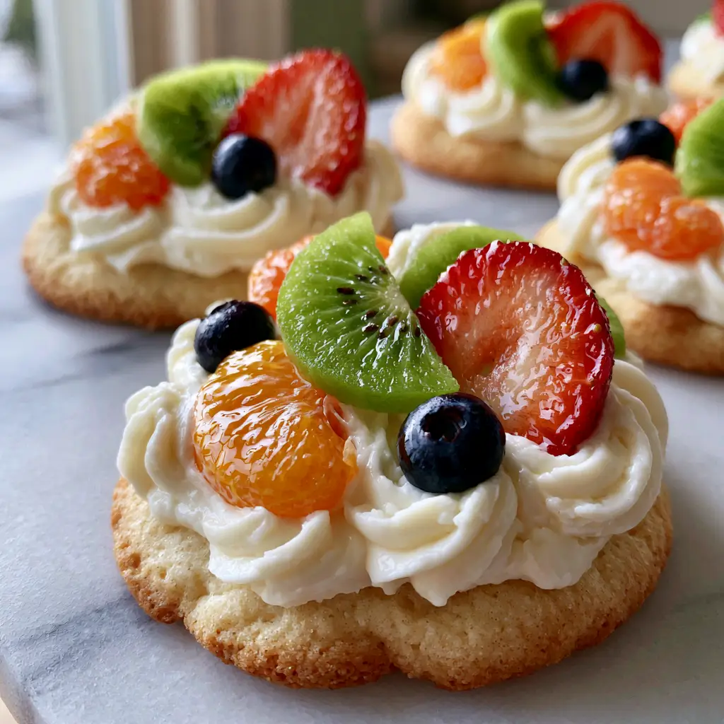 Mini Fruit Pizzas with Soft-Baked Sugar Cookie Crust 2 High-angle view of mini fruit pizzas showing golden cookie edges and velvety frosting swirls topped with strawberries and kiwi. (Mini Fruit Pizzas)