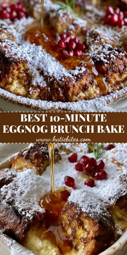 A close-up vertical shot of Eggnog French Toast casserole in a white ceramic dish, dusted with powdered sugar and topped with pomegranates.