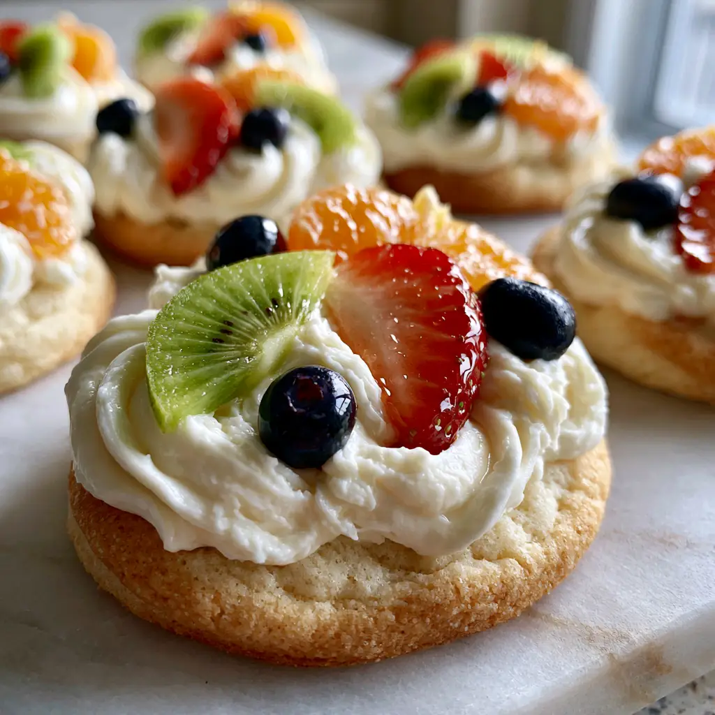Mini Fruit Pizzas with Soft-Baked Sugar Cookie Crust 1 Several mini fruit pizzas decorated with mandarin oranges, blueberries, and strawberries on a light marble surface.