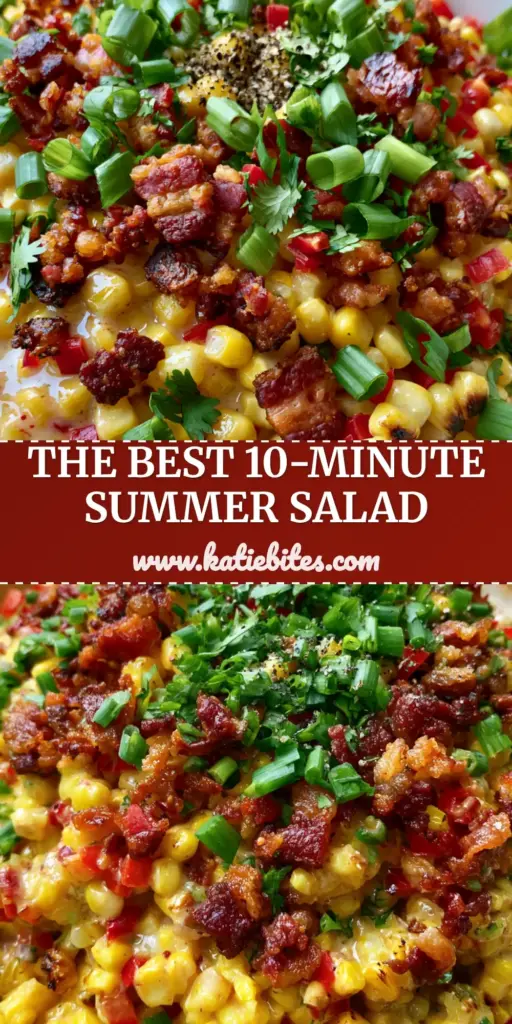 Bacon and Corn Salad with Creamy Lime Dressing 3 A top-down view of a vibrant Bacon and Corn Salad in a rustic white bowl, topped with mahogany bacon crumbles and fresh cilantro.