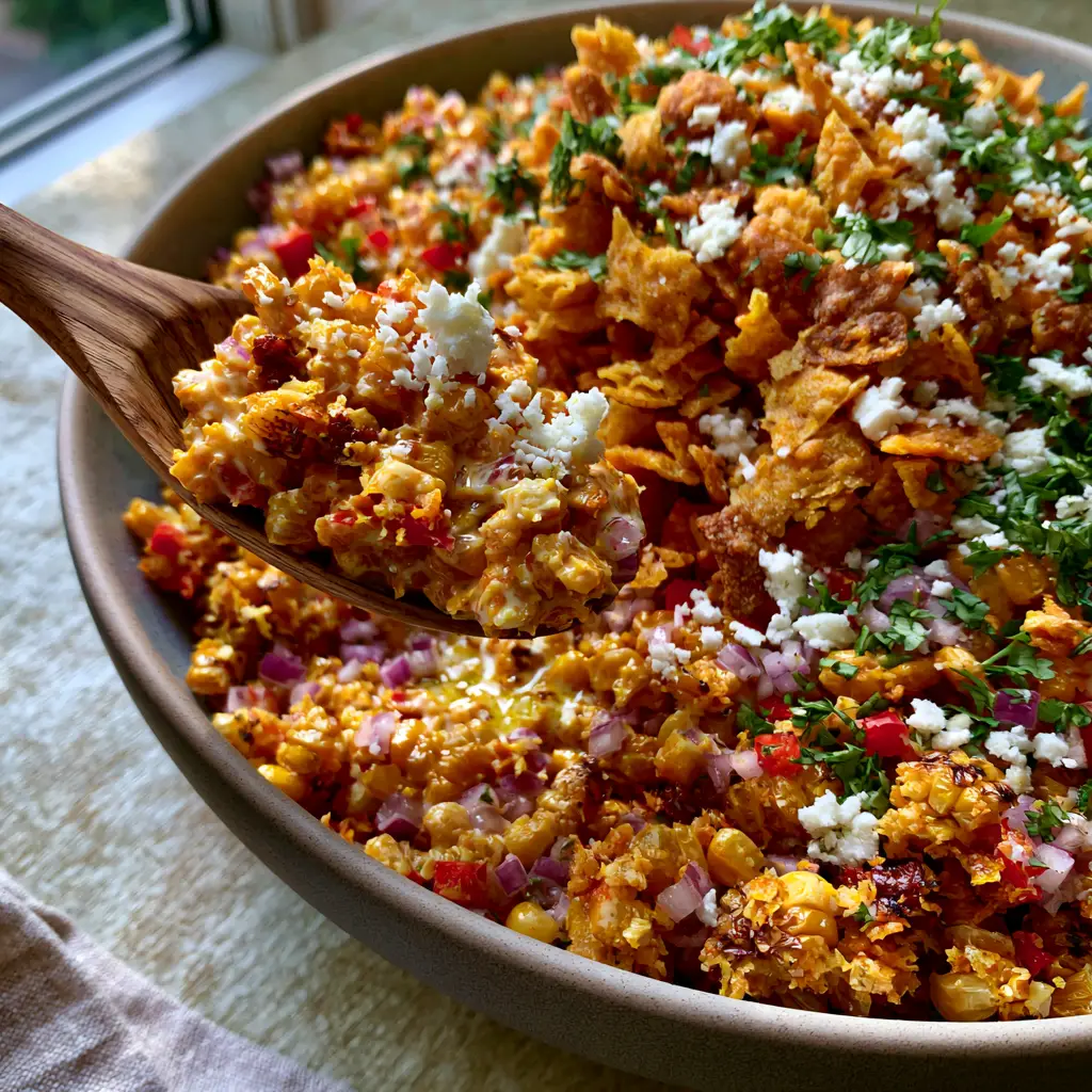 Frito Corn Salad with Charred Corn and Chili Cheese Crunch 2 Close-up of golden charred corn kernels and crispy Chili Cheese Fritos in a modern matte bowl. (frito corn salad)