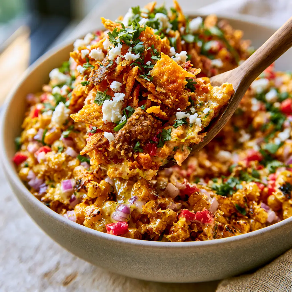 Frito Corn Salad with Charred Corn and Chili Cheese Crunch 1 A wooden spoon lifting a portion of frito corn salad, showing the glossy lime-zest dressing and cotija cheese.