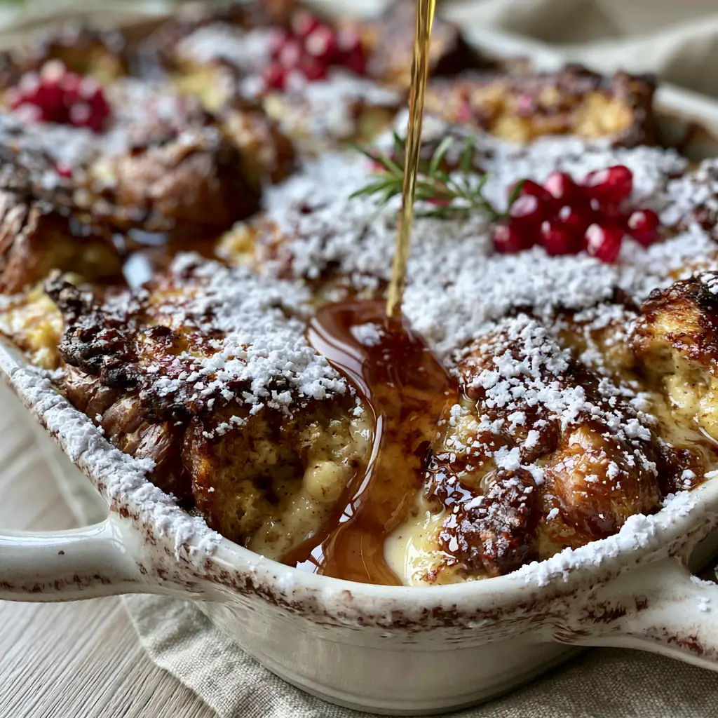Top-down view of Eggnog French Toast being drizzled with amber maple syrup, garnished with pomegranate seeds and rosemary.