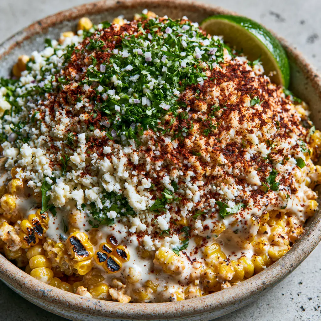 Creamy Corn Salad with Charred Sweet Corn and Lime-Crema 2 Macro photo of creamy corn salad showing plump golden corn with distinct char marks and a glossy white dressing.