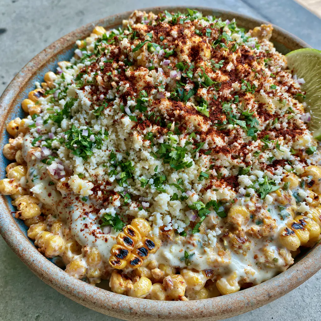 Creamy Corn Salad with Charred Sweet Corn and Lime-Crema 1 A top-down view of the creamy corn salad topped with a mountain of cotija cheese and finely chopped cilantro.
