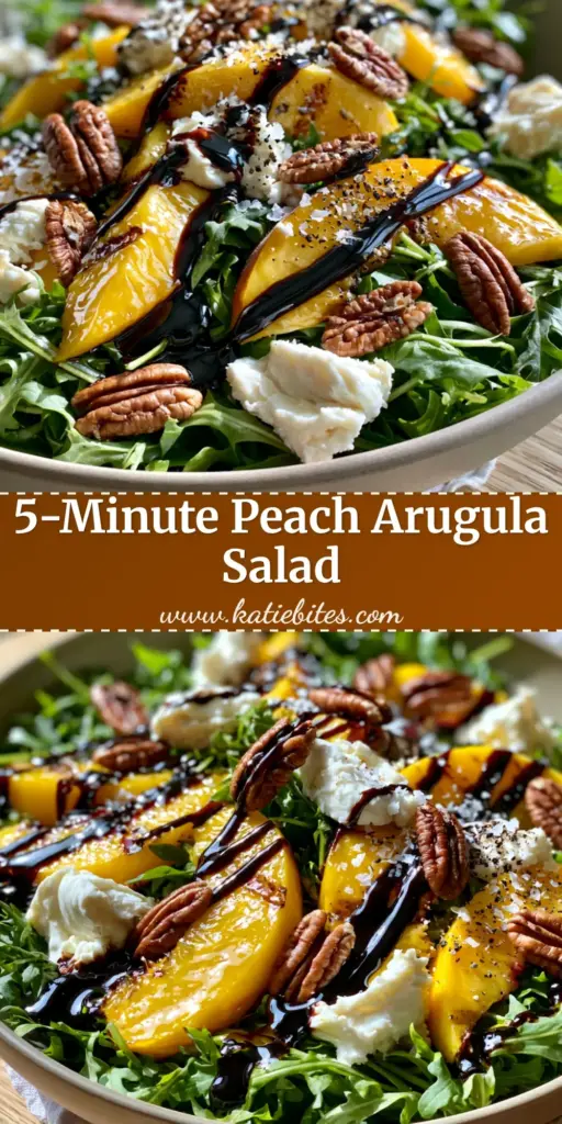A handheld smartphone photo of a Peach Arugula Salad in a ceramic bowl with grilled peaches, goat cheese, and pecans.