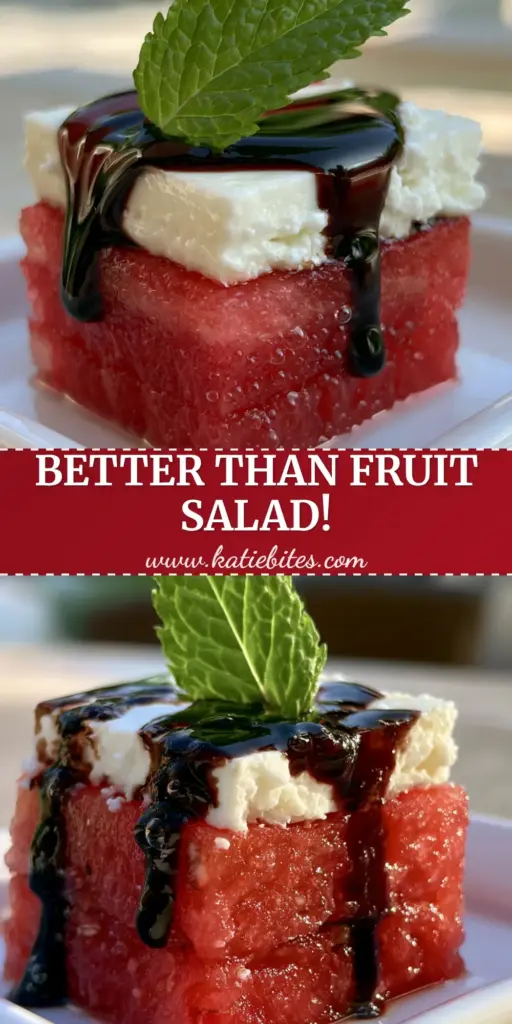 Watermelon Canapes with Creamy Feta and Balsamic Glaze 4 A stack of watermelon canapes on a white platter, featuring ruby-red watermelon, white feta, and a mint leaf with balsamic glaze.