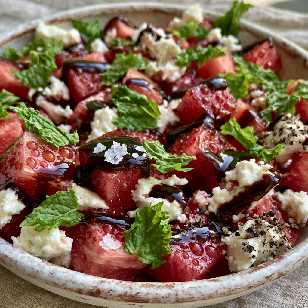 Watermelon Feta Salad: The Ultimate Salty-Sweet Summer Refreshment 1 Detailed shot of dark mahogany balsamic glaze drizzled over a fresh watermelon and feta salad.