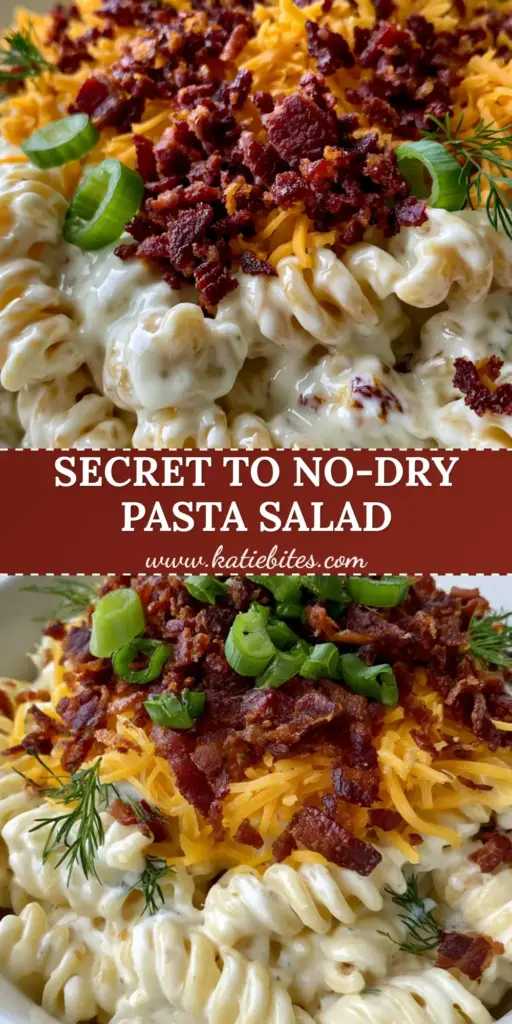 Bacon Ranch Pasta Salad with Crispy Bacon and Sharp Cheddar 4 A close-up shot of a white bowl with bacon ranch pasta salad, featuring rotini and deep reddish-brown bacon crumbles.