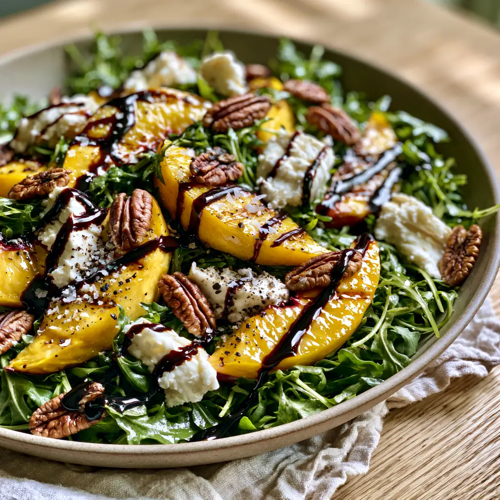 A wide ceramic bowl of Peach Arugula Salad featuring balsamic glaze ribbons and goat cheese crumbles.