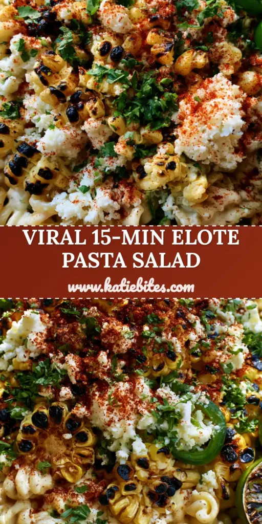 Elote Pasta Salad: The Ultimate Creamy Mexican Street Corn Recipe 4 An overhead close-up shot of a rustic ceramic bowl filled with Elote Pasta Salad featuring rotini, charred corn, and Tajin seasoning.