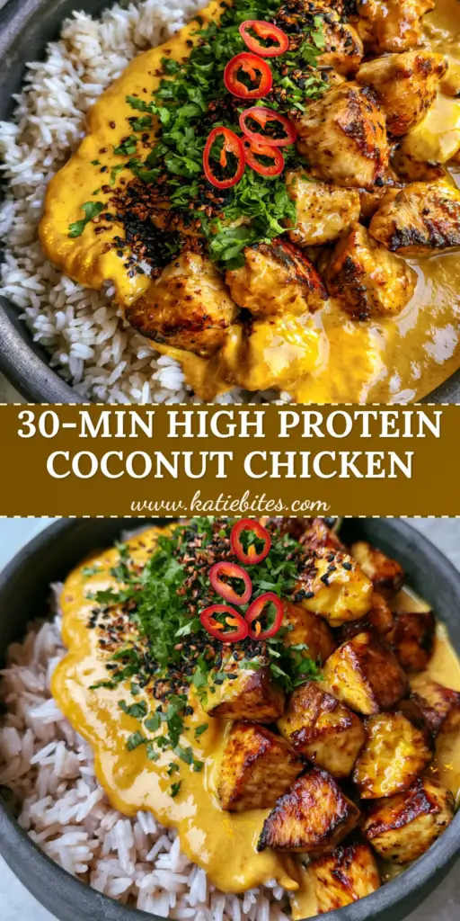 Coconut Chicken Rice Bowl: A Glossy, Golden-Orange Culinary Masterpiece 3 A high-angle shot of a coconut chicken rice bowl in a charcoal ceramic dish, featuring golden seared chicken and glossy orange sauce. (coconut chicken rice bowl)