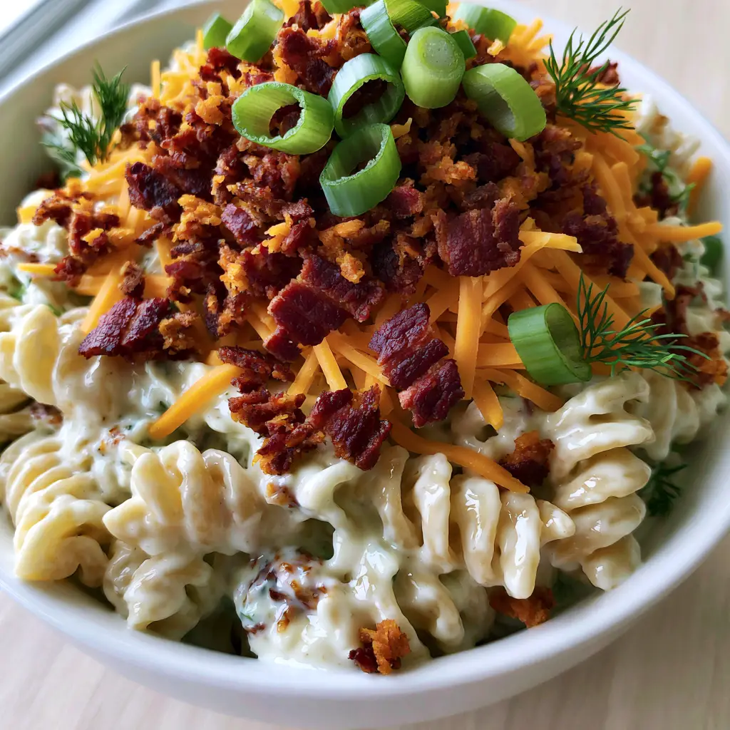 Bacon Ranch Pasta Salad with Crispy Bacon and Sharp Cheddar 2 Macro top-down shot of bacon ranch pasta salad in a white bowl showing glistening dressing and fresh dill.