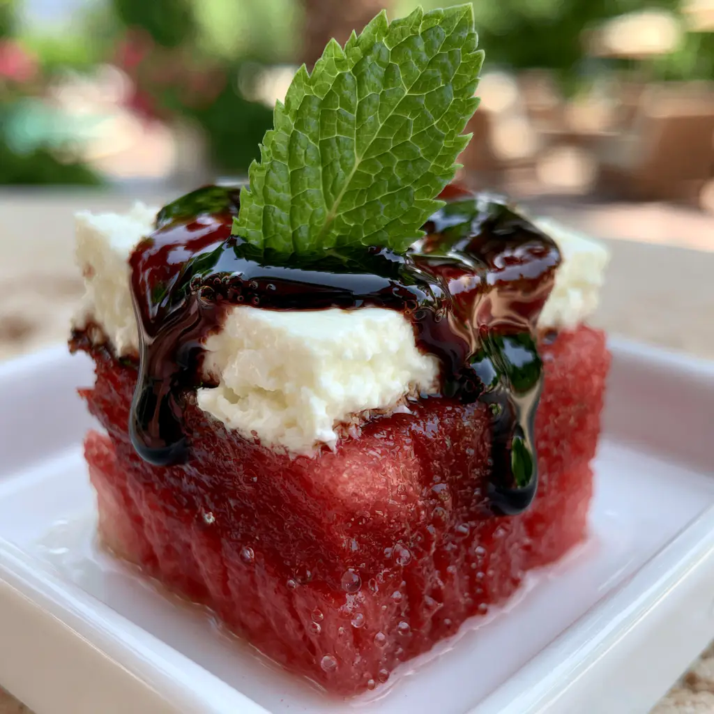 Watermelon Canapes with Creamy Feta and Balsamic Glaze 1 Close up of a single watermelon canape with a creamy white feta slab and a serrated green mint leaf.