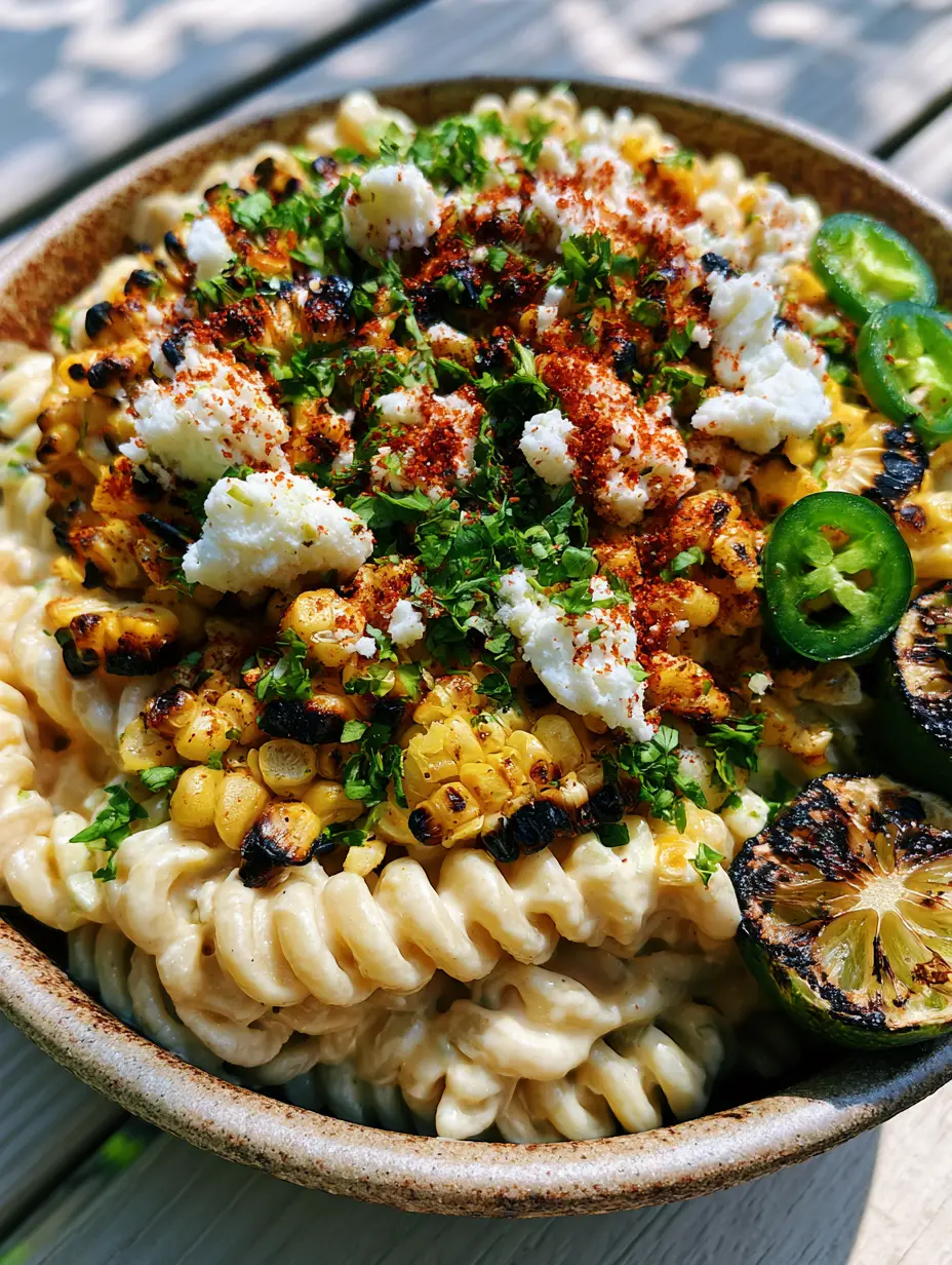 Elote Pasta Salad: The Ultimate Creamy Mexican Street Corn Recipe 3 Close-up of rotini pasta coated in ivory lime crema with black-seared corn kernels and snowy cotija cheese. (elote pasta salad)