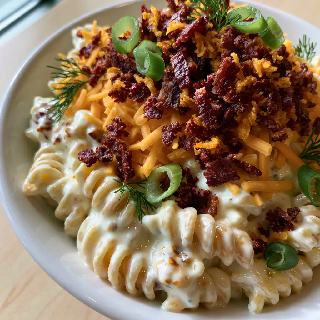 Bacon Ranch Pasta Salad with Crispy Bacon and Sharp Cheddar 1 Top-down view of thick-cut bacon crumbles and sharp cheddar on top of a bacon ranch pasta salad.