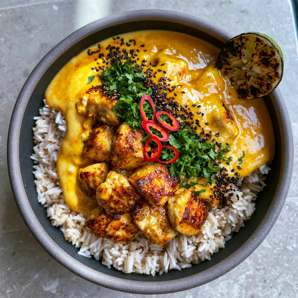 Coconut Chicken Rice Bowl: A Glossy, Golden-Orange Culinary Masterpiece 2 Close-up of succulent golden-brown seared chicken cubes in a velvety orange coconut sauce. (coconut chicken rice bowl)