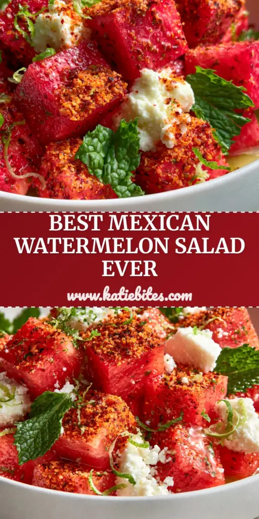 Mexican Watermelon Salad with Salty Cotija and Spicy Tajin 4 A vibrant Mexican watermelon salad with deep ruby-red cubes, white Cotija cheese, and Tajin seasoning in a white bowl.