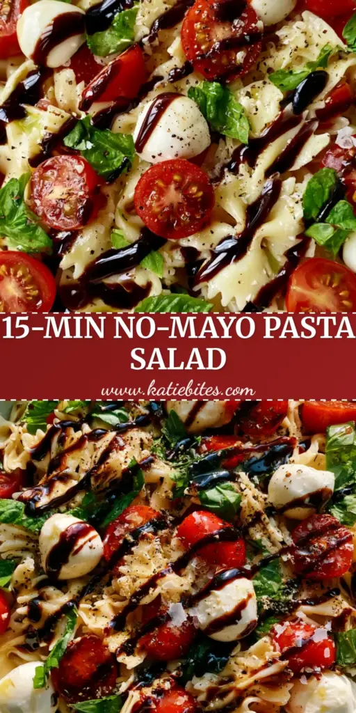 Caprese Pasta Salad with Glossy Balsamic Glaze and Fresh Basil 4 A top-down view of a white ceramic bowl filled with Caprese Pasta Salad featuring bow-tie pasta, cherry tomatoes, and mozzarella pearls with a balsamic glaze drizzle.