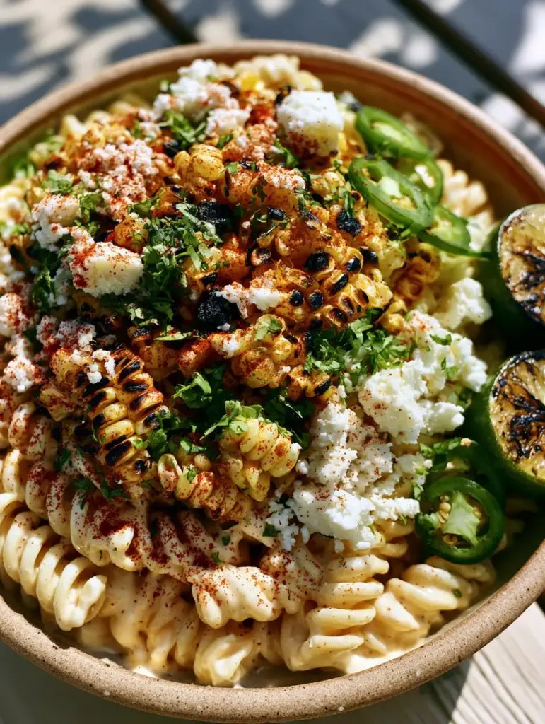 Elote Pasta Salad: The Ultimate Creamy Mexican Street Corn Recipe 1 Rustic bowl of elote pasta salad on a light wooden table in natural afternoon sunlight.