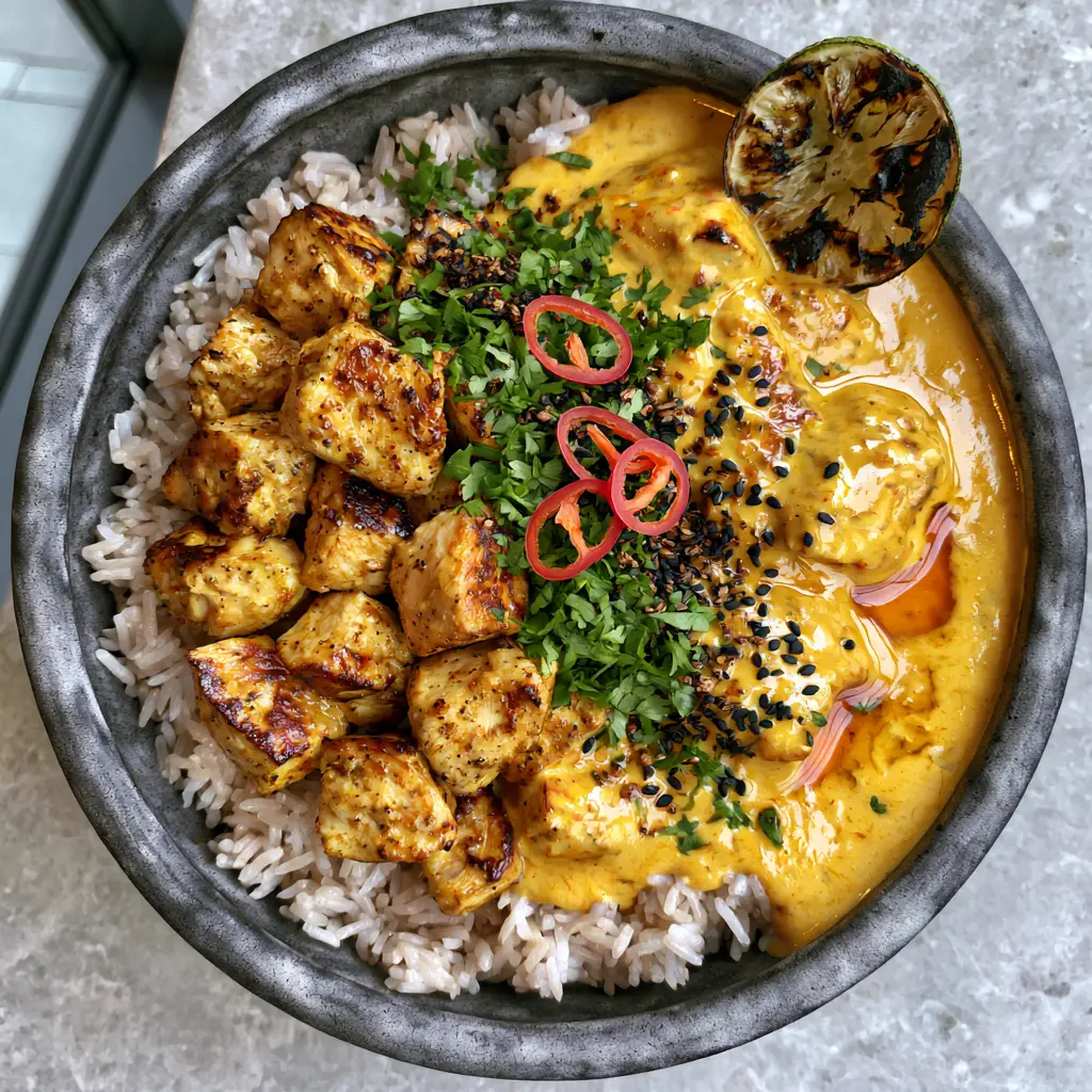 Coconut Chicken Rice Bowl: A Glossy, Golden-Orange Culinary Masterpiece 1 Top-down view of a coconut chicken rice bowl showing individual grains of jasmine rice and thin red chili garnishes.