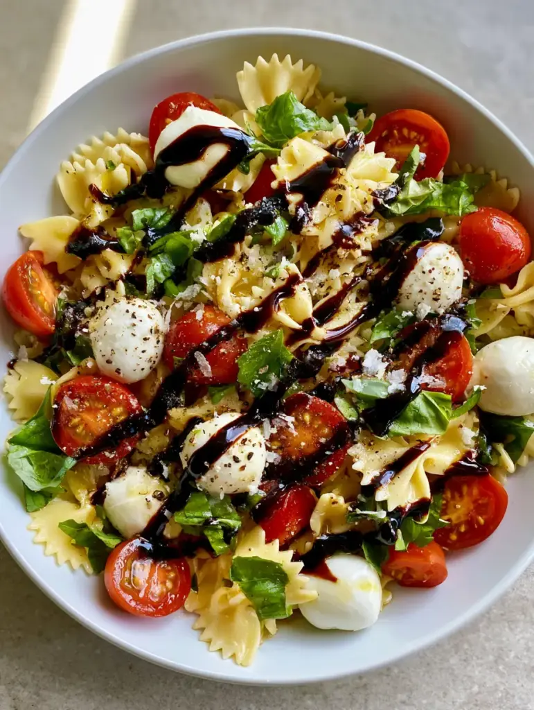 Caprese Pasta Salad with Glossy Balsamic Glaze and Fresh Basil 2 Close-up of Caprese Pasta Salad showing the glossy sheen of olive oil on farfalle pasta and artistic zig-zags of ebony balsamic glaze. (Caprese Pasta Salad)