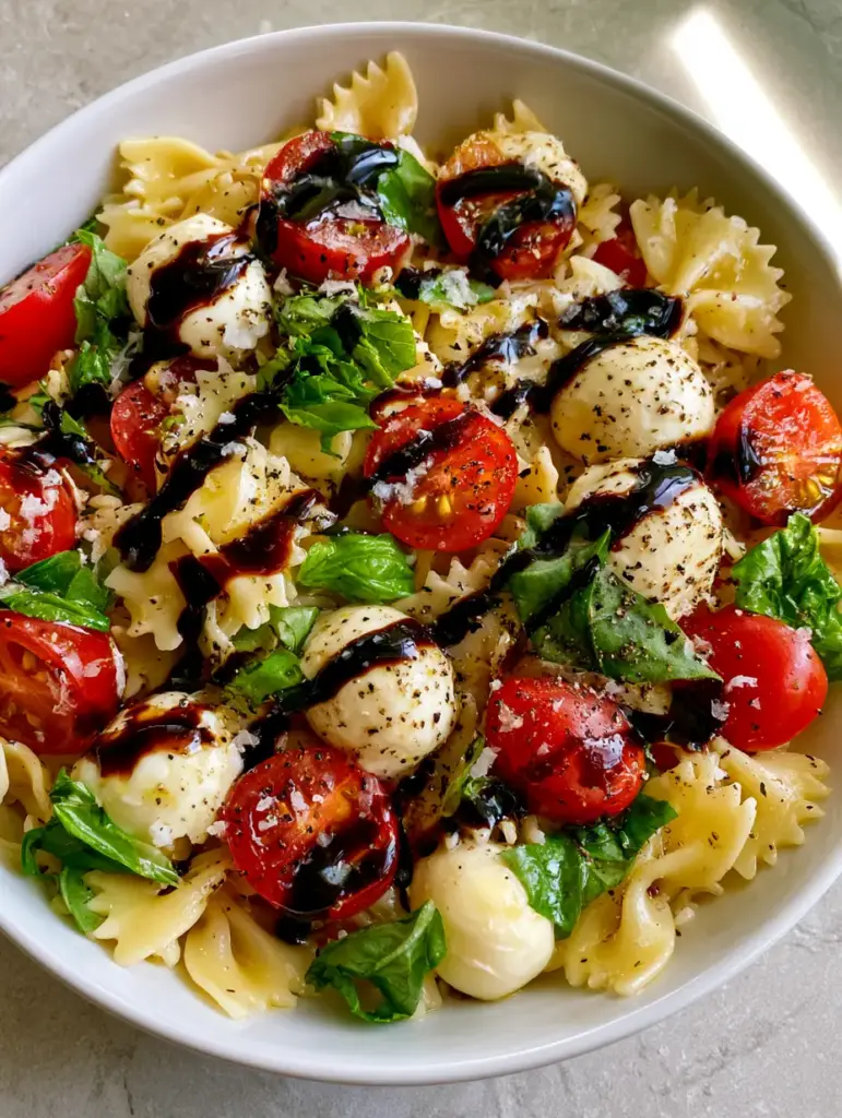 Caprese Pasta Salad with Glossy Balsamic Glaze and Fresh Basil 1 A high-angle photo of Caprese Pasta Salad in a white bowl on a gray stone countertop with fresh basil leaves scattered throughout. (Caprese Pasta Salad)