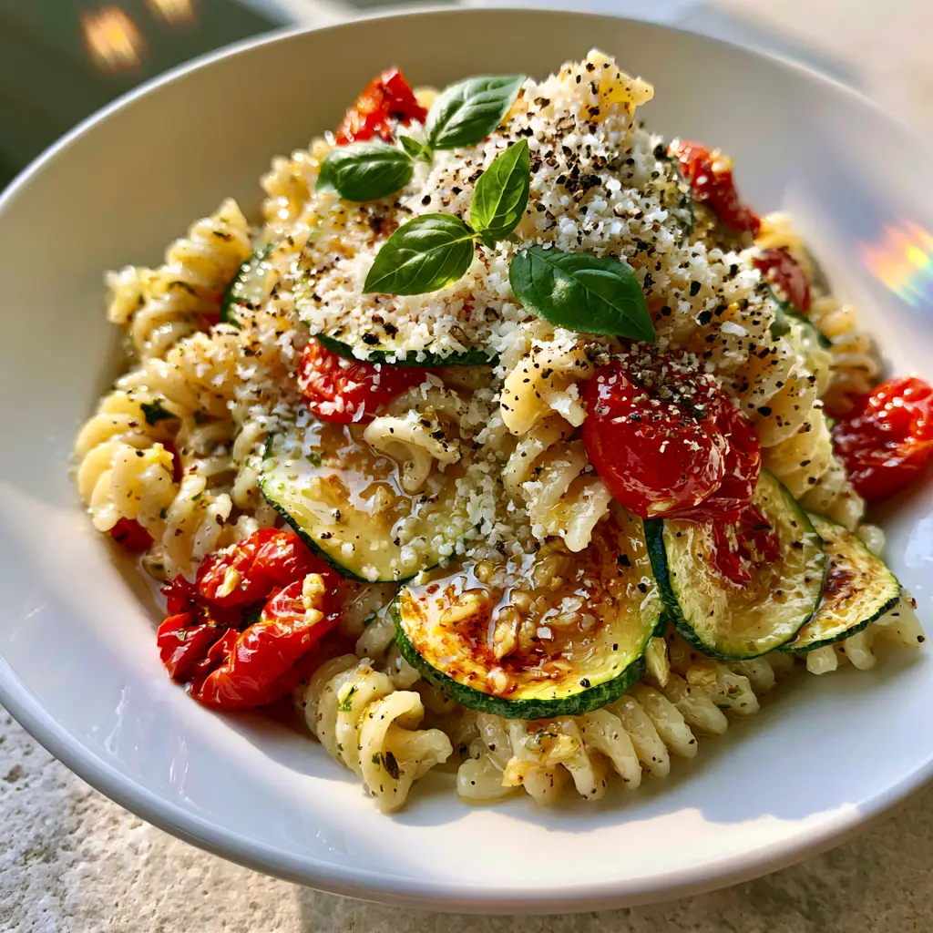 Top down view of summer garden pasta with blistered cherry tomatoes and whole basil leaves in a white bowl.