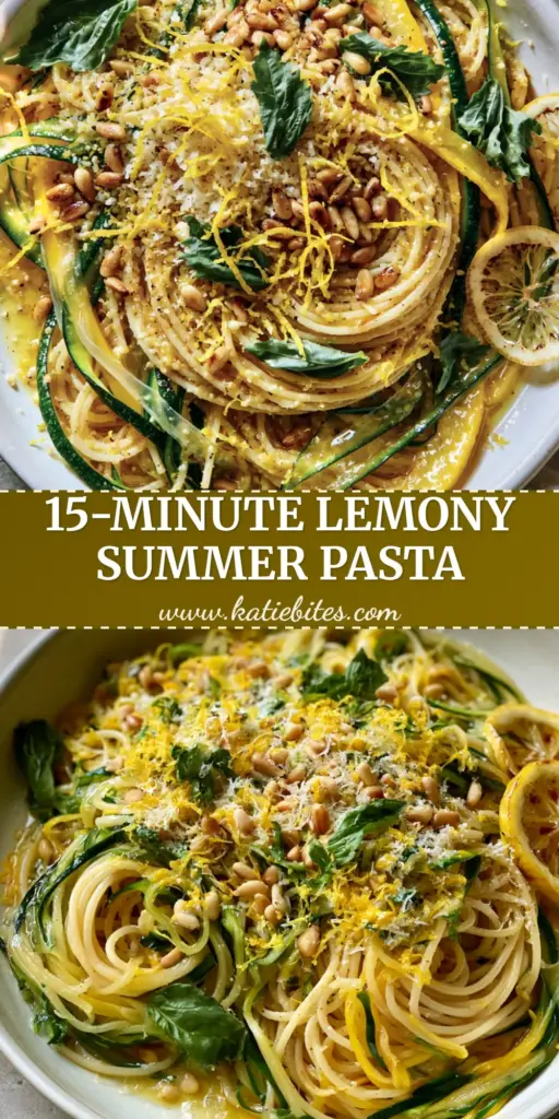 A shallow white ceramic skillet filled with lemony summer squash pasta, featuring thin zucchini ribbons, yellow squash, toasted pine nuts, and seared lemon wheels.