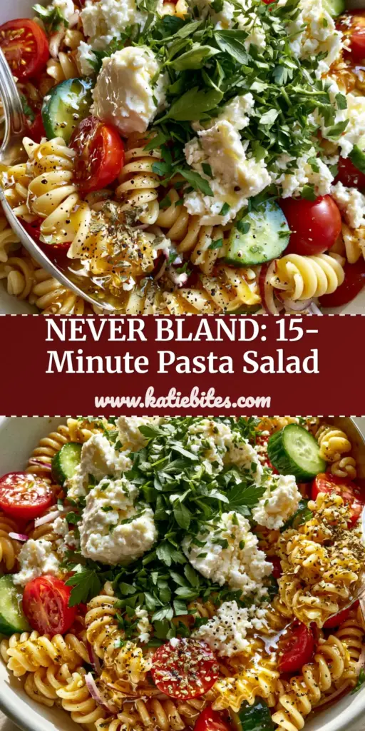 A close-up of Summer Pasta Salad with rotini, tomatoes, and feta in a white bowl. (Summer Pasta Salad)