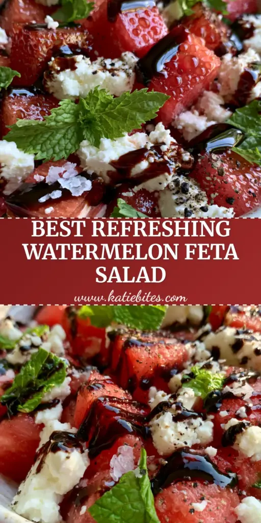 Watermelon Feta Salad: The Ultimate Salty-Sweet Summer Refreshment 4 A close-up vertical shot of a Watermelon Feta Salad in a white bowl with balsamic drizzle and mint.