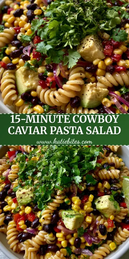 Cowboy Caviar Pasta Salad: The Ultimate Vibrant Summer Potluck Recipe 4 A vibrant Cowboy Caviar Pasta Salad in a white bowl featuring rotini, black beans, corn, and avocado. (cowboy caviar pasta salad)
