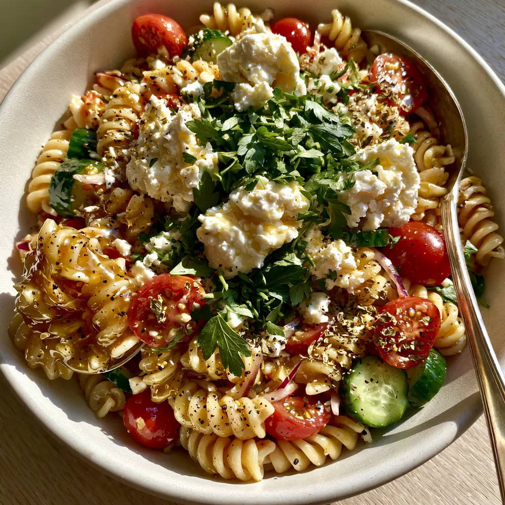 Close-up of a silver spoon lifting a portion of Summer Pasta Salad showing feta and olives.
