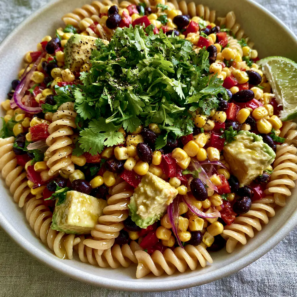 Cowboy Caviar Pasta Salad: The Ultimate Vibrant Summer Potluck Recipe 2 Close up of Cowboy Caviar Pasta Salad with glistening lime vinaigrette and fresh cilantro. (cowboy caviar pasta salad)