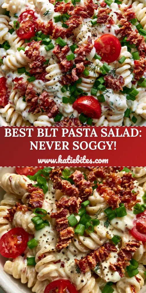 BLT Pasta Salad with Crispy Bacon and Creamy Buttermilk Ranch 4 A top-down view of BLT Pasta Salad in a white bowl featuring rotini, crispy bacon, and cherry tomatoes on a marble surface.