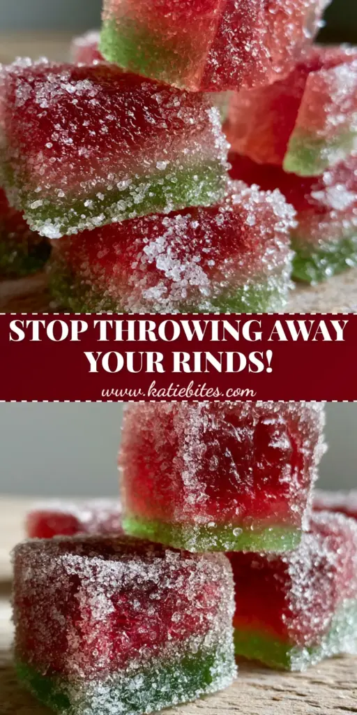 Watermelon Rind Jellies: The Ultimate Jewel-Toned Candied Summer Treat 4 A close-up shot of Watermelon Rind Jellies stacked on a light wood surface, showing glowing translucent centers and sparkling sugar crystals.