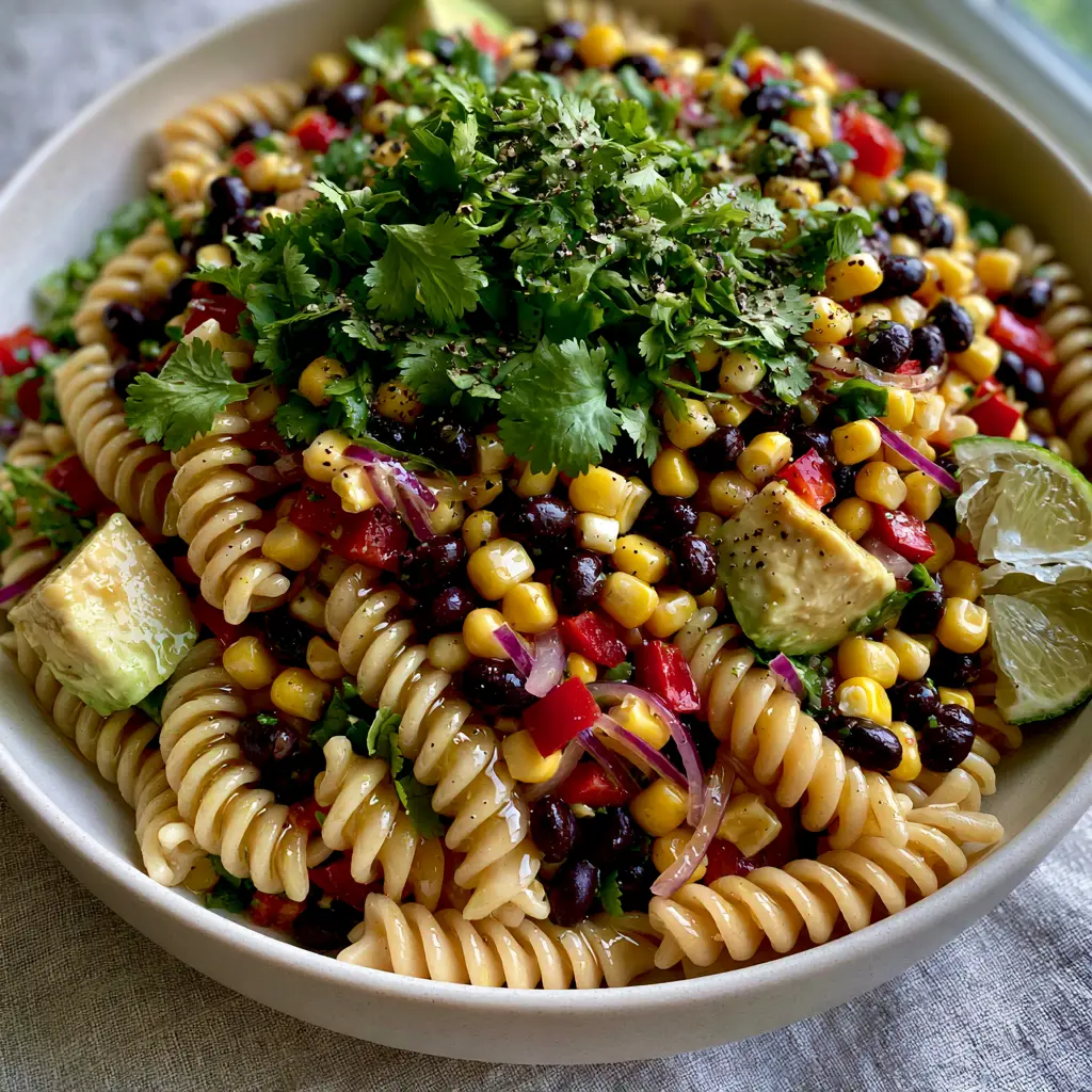 Cowboy Caviar Pasta Salad: The Ultimate Vibrant Summer Potluck Recipe 1 Full view of cowboy caviar pasta salad in a modern white bowl on a grey linen background.