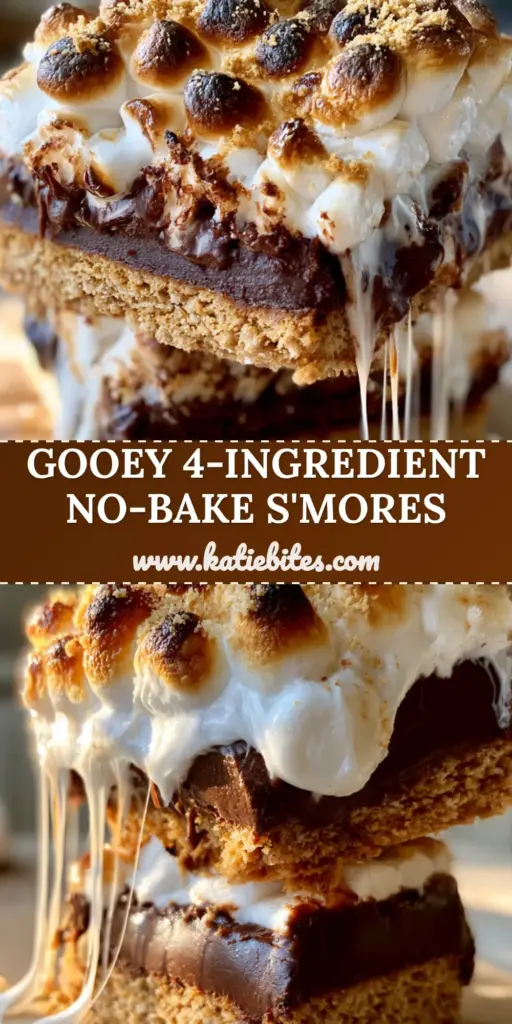 S’mores Bars with Thick Chocolate Ganache and Toasted Marshmallow Peaks 4 A thick, gooey s'mores bar being lifted from a stack, showing long melted marshmallow strings and a 1-inch chocolate ganache layer.