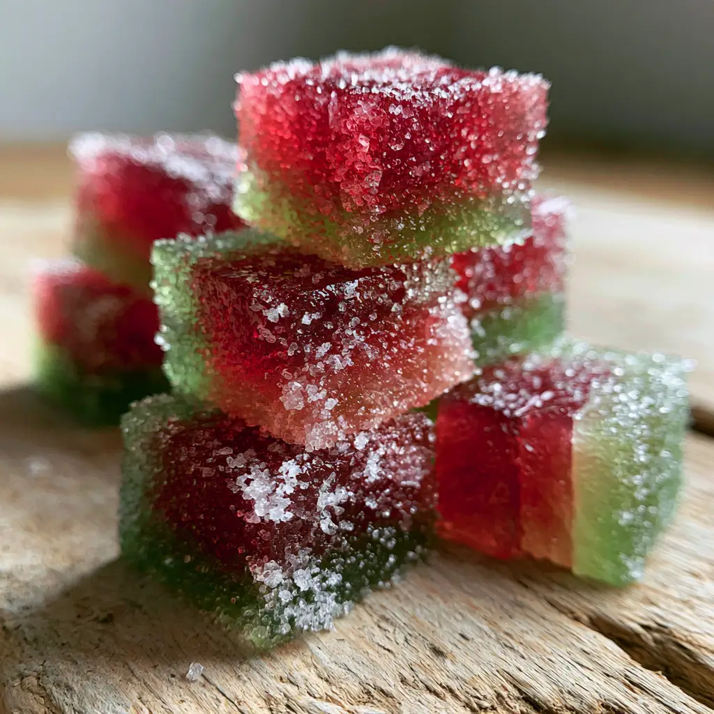 Watermelon Rind Jellies: The Ultimate Jewel-Toned Candied Summer Treat 2 Macro photo of Watermelon Rind Jellies showing the emerald green edges and ruby red fruit juice reduction centers with sugar dust.